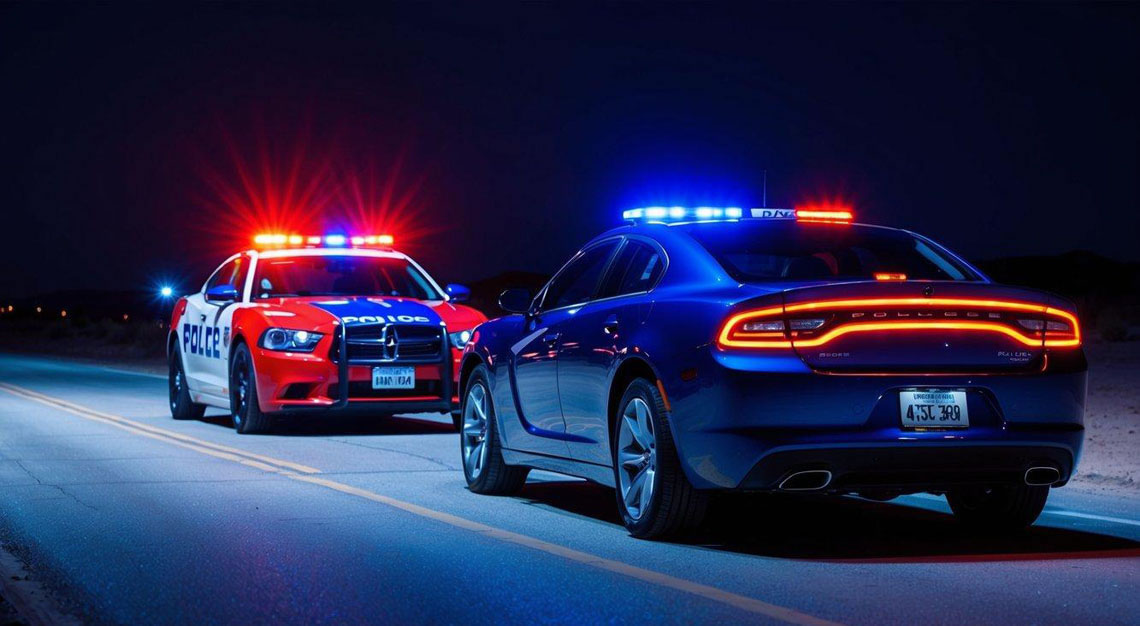 A car parked with a red and blue police car behind it, with flashing lights, on a desert road at night